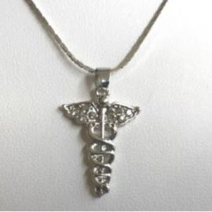 Silver Caduceus Cubic Zirconia Necklace 18-20"